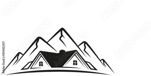 Stylized mountain range with a house nestled in the foreground