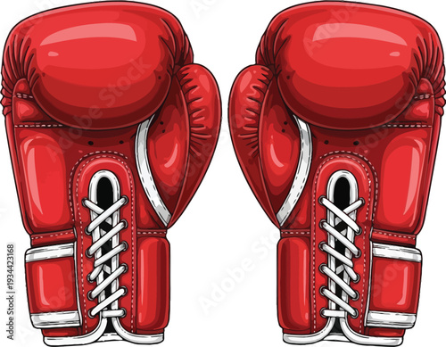 Pair of bright red boxing gloves with white laces are ready for sparring.