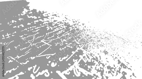 Fading grey script texture with white ink splatters and abstract shapes