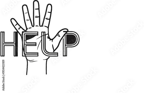A black and white illustration of a hand forming the word HELP