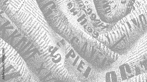 Overlapping grey newspaper pages with visible text and abstract patterns print white