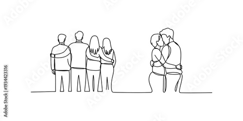 Continuous line drawing showing a group of friends standing together and a couple kissing, representing different human connections. Vector, illustration