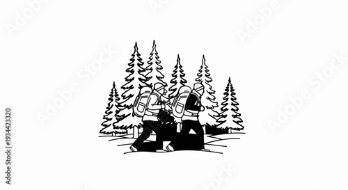 Two people with backpacks hiking through a coniferous forest