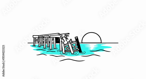 A broken pier stands in turquoise water under a setting sun