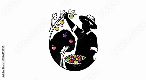 A farmer harvests colorful apples from a tree into a basket, depicted in silhouette