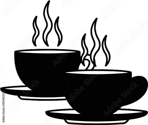 Two steaming cups of hot beverage on saucers, black and white illustration