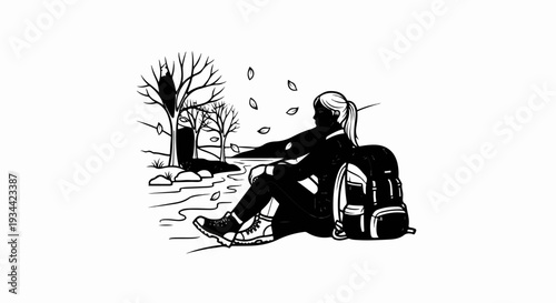 A lone hiker rests by a serene river in autumn, leaves fall around her