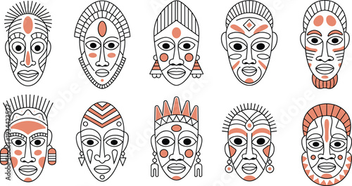 African tribal masks line art collection ethnic face mask set traditional culture ornaments vector illustration decorative design isolated on white background