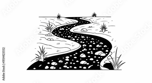 A stylized black and white drawing of a winding river with rocks and sparse vegetation