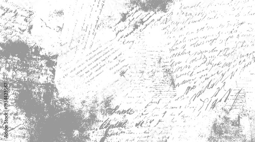 Faded grey handwritten script on textured white background with ink splatters and smudges handwriting