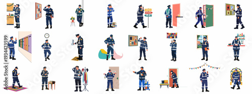 A collection of illustrations depicting security guards and police officers performing various daily tasks and activities in different settings.