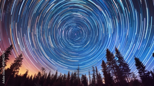 A starry night sky with a large, bright star in the center. The sky is filled with stars and the moon is visible. The trees in the background are silhouetted against the sky, creating a peaceful