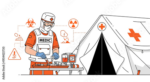 Medical Professional in Hazmat Suit Prepares Treatment in Field Hospital Tent