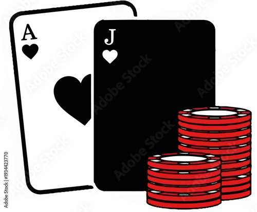 Ace of Hearts and Jack of Spades playing cards with poker chips
