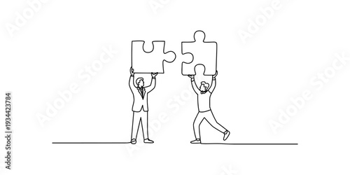 Two business people collaborate to join puzzle pieces in a continuous line art illustration Vector, illustration