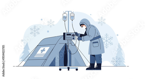 Medical Professional in Winter Setting with IV Drip and Tent