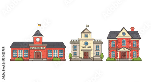 Colorful illustration depicting an elementary school town hall and residence