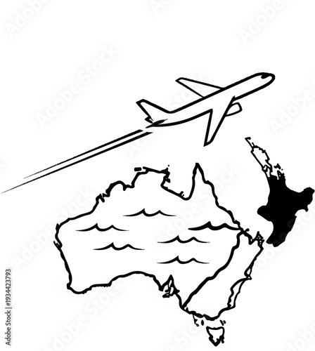 Airplane flying over Australia and New Zealand maps