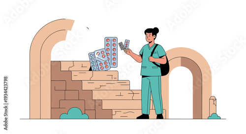 Medical Professional Offers Pills on Stairs, Healthcare Concept