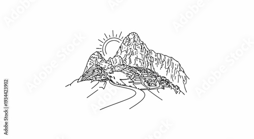 Ancient ruins nestled in a mountain landscape with the sun rising