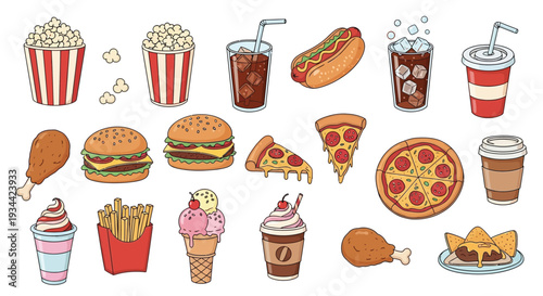 Colorful cartoon illustration of various fast food and snack items