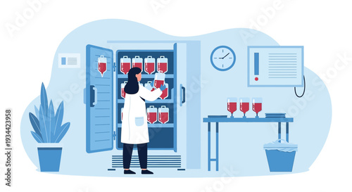 Medical Professional Organizes Blood Bags in Refrigerator