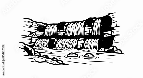 Artistic black and white depiction of a multi-tiered waterfall cascading over rocky ledges