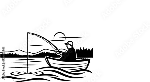 Angler in boat casts fishing line into calm water near shore