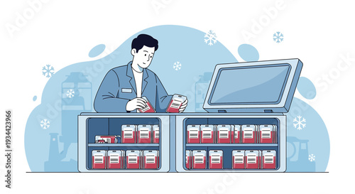 Medical Professional Organizes Blood Bags in Cold Storage for Donation and Testing