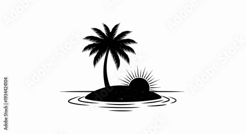 A black silhouette of a tropical island with a palm tree and setting sun over water