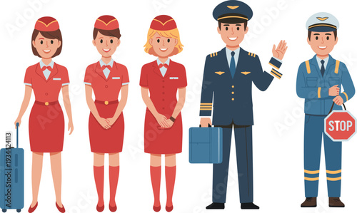 Airline crew characters set with flight attendants pilot and ground staff in uniform isolated for aviation service illustration and travel industry design