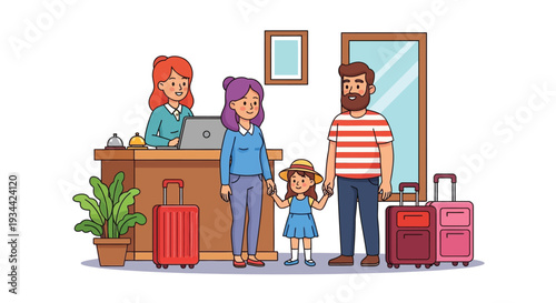 Family checking into a hotel with a receptionist at the front desk
