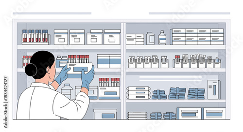 Medical Professional Organizing Pharmacy Shelves with Medicine Boxes and Vials