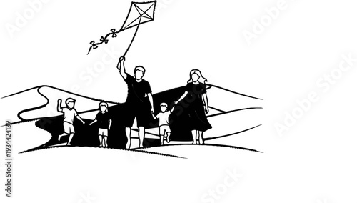 A family flies a kite together on a breezy day amidst rolling hills