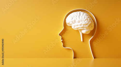 Conceptual artwork showing a 3D silhouette of a head with white brain against yellow wall	
