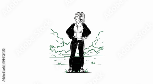 A fit person with headphones stands outdoors amidst greenery, looking aside