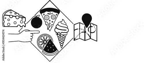 A hand points to a diamond shape containing food icons and a map marker