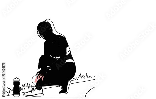 Athlete crouches in pain, touching injured knee beside a water bottle on grass