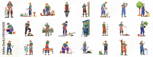 Illustrations of Gardeners Performing Diverse Horticulture Tasks, from Planting and Pruning to Watering and Landscaping, Showcasing a Range of Outdoor Activities and Essential Tools.