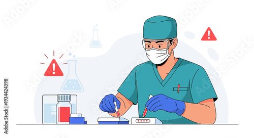Medical Professional Performing Laboratory Test with Cautionary Symbols