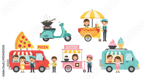 Colorful illustration of various food vendors and street food options