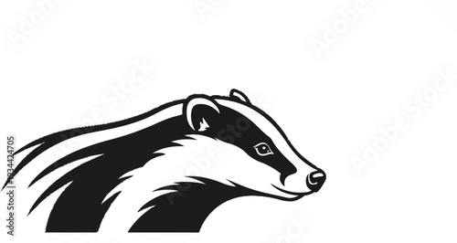 A stylized black and white illustration of a badger's head and shoulder
