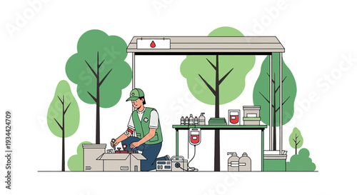 Medical Professional Preparing Donation Supplies Outdoors