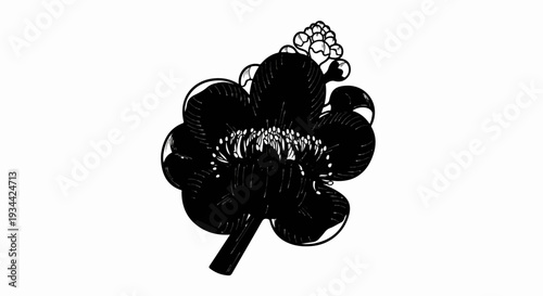 A stylized black and white illustration of a blooming flower with a cluster of buds