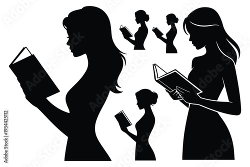 Black silhouettes of women reading books