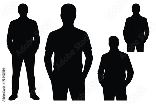 Four black silhouettes of men in various poses white background