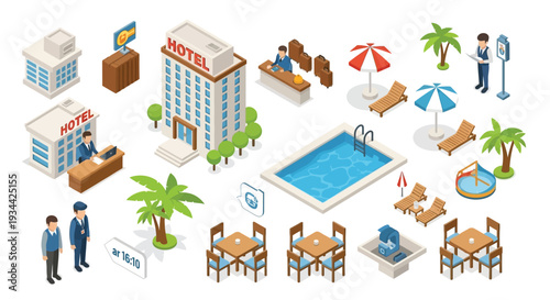 Isometric illustration depicting various elements of a tropical hotel resort