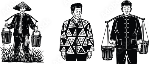 Asian traditional workers illustration set, farmers and street vendors carrying baskets, cultural attire figures, vintage engraving style black vector isolated on white background