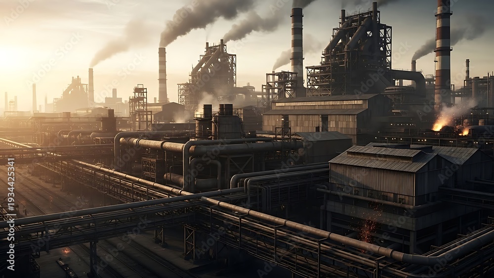 Fototapeta premium Gritty Industrial Factory Complex with Smokestacks & Pipes | Heavy Industry & Manufacturing Dawn