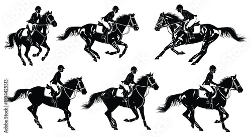 Set of Six Black Horse Rider Silhouettes, Equestrian Galloping Motion Icons, Professional Horseback Riding Stunts, Minimalist Gallop Gait Vector Illustration